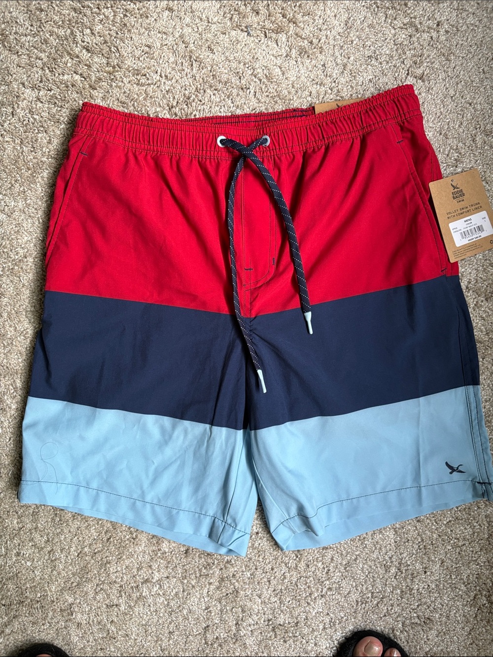 Eddie Bauer Red, Navy & Light Blue Colorblock Swim Trunks